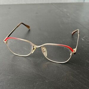 Vintage‎ Womens Gold Metal Stylish Oval Eyeglasses Red Accent Retro Chic Eyewear